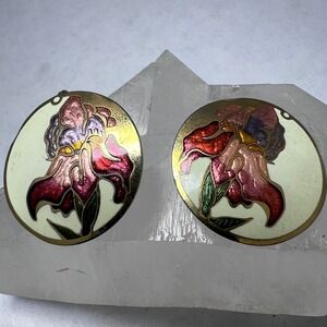 Vintage Cloisonne Enamel Iris Floral Clip On Earrings Gold Tone Oval Statement